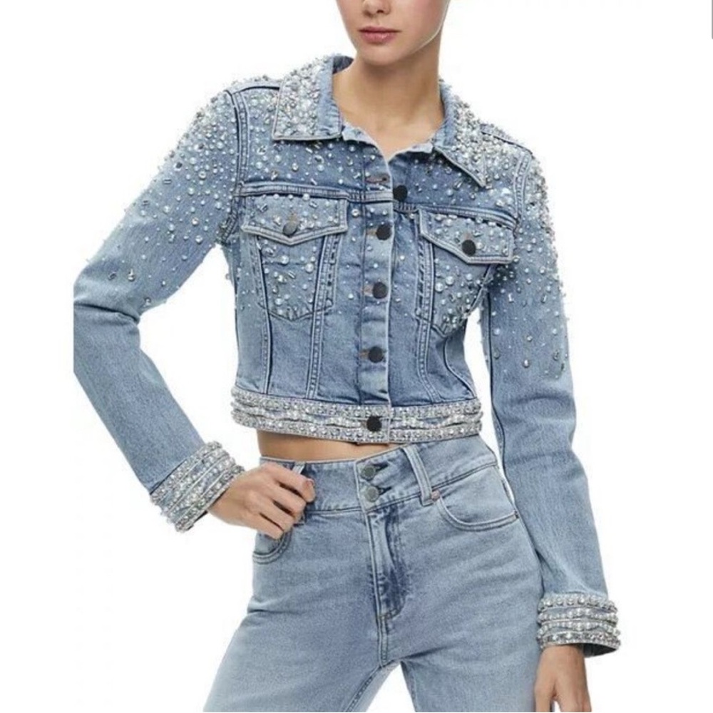 Alice + Olivia Jeans Womens Nelson Embellished Denim Jacket Size XS